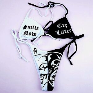 Smile Now Cry Later🎭 black & white bikini set